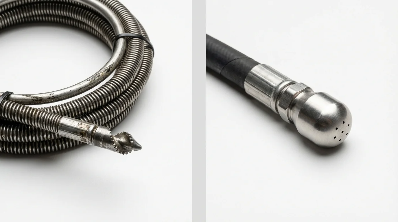 Drain snake cable and hydro jetting nozzle used for drain cleaning in Ridgefield, CT
