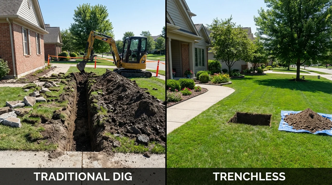 Trenchless sewer repair with minimal yard damage versus traditional excavation in Ridgefield, CT