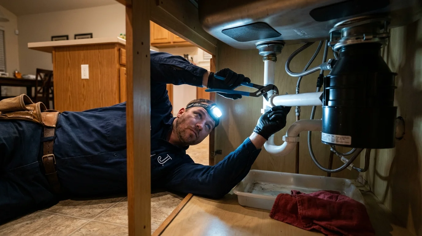 P-trap and supply line connections under a kitchen sink showing a common leak point in Ridgefield, CT